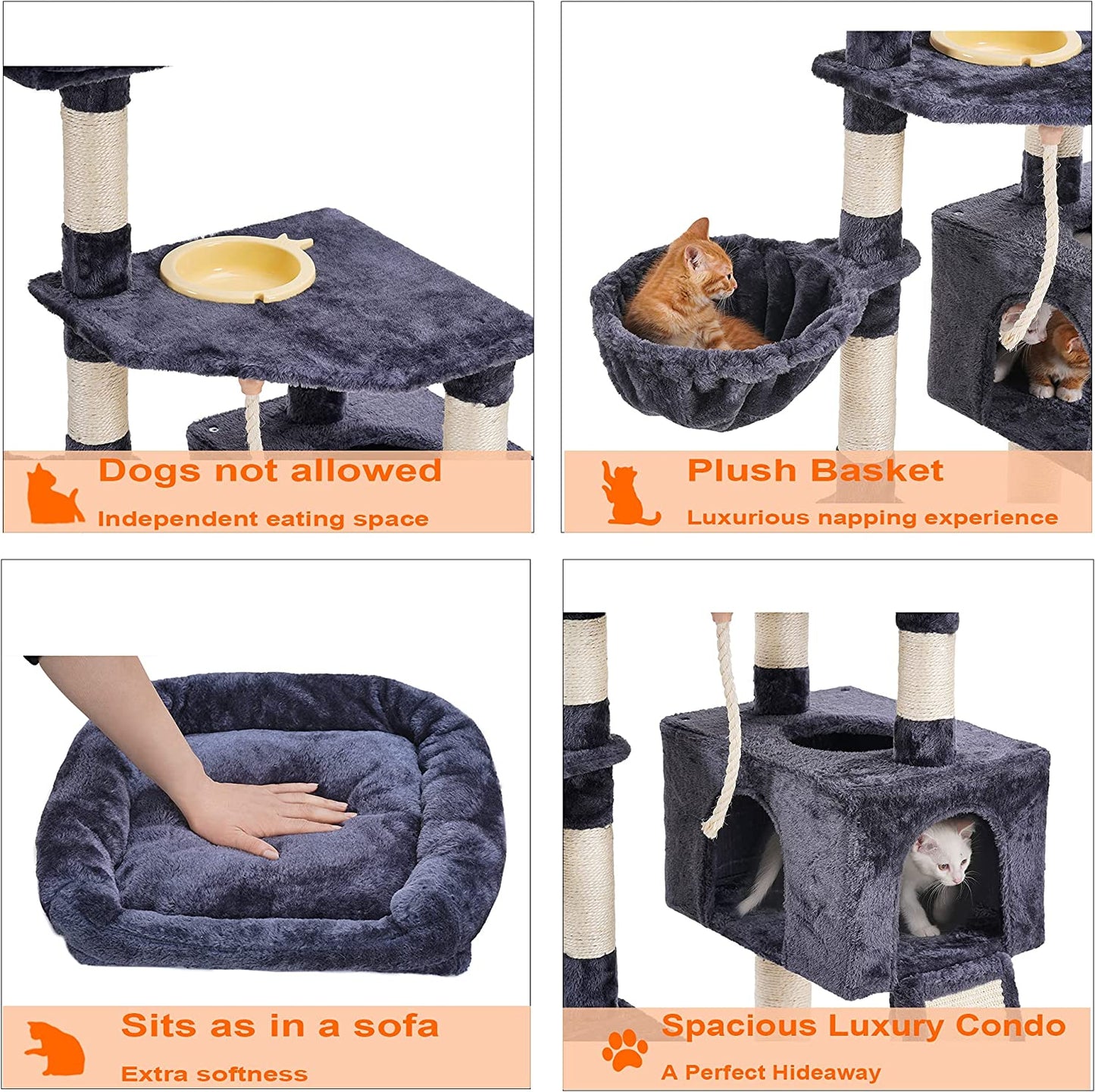 Cat Tree, Cat Tower for Indoor Cats with Scratching Board, Multi-Level Cat Furniture Condo with Feeding Bowl Smoky Gray HCT010G